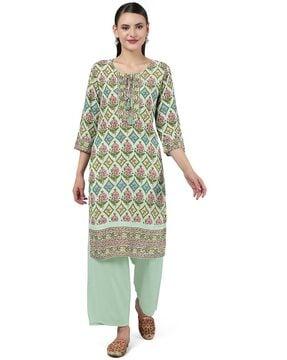 women block print round-neck straight kurta