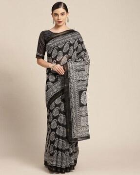 women block print saree with contrast border