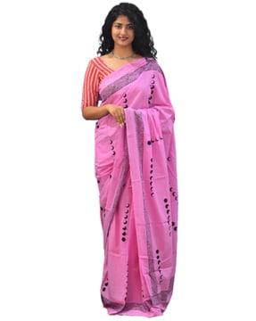 women block print saree with contrast border