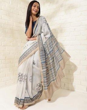 women block print saree with contrast border