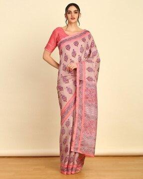 women block print saree with contrast border