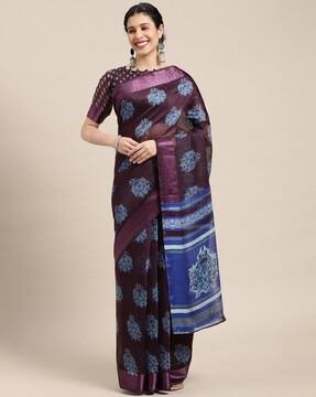 women block print saree with contrast border