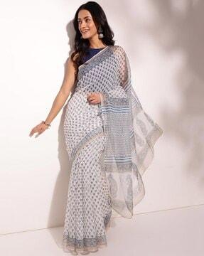 women block print saree with contrast border