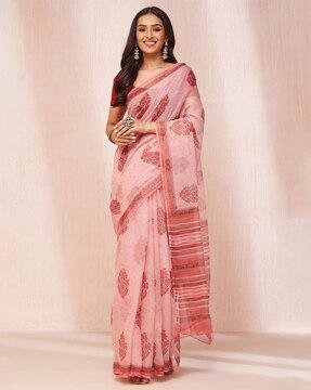 women block print saree with contrast border