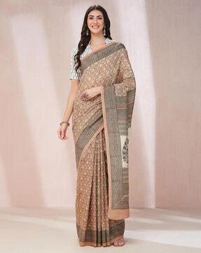 women block print saree with contrast border