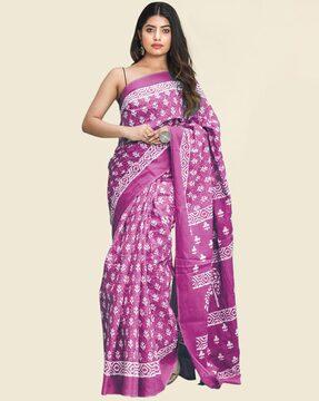 women block print saree with contrast border