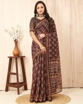 women block print saree with zari accent