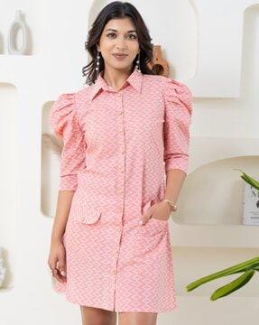 women block print shirt dress