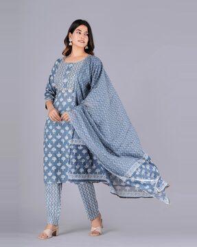 women block print straight kurta & pants with dupatta