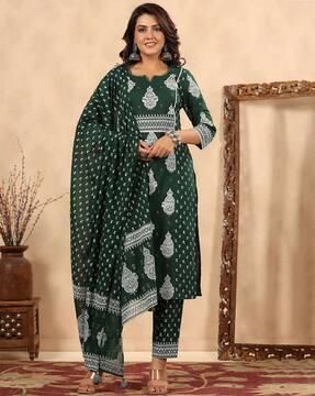 women block print straight kurta & pants with dupatta