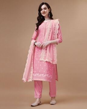 women block print straight kurta & pants with dupatta