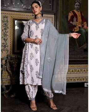 women block print straight kurta & pants with dupatta