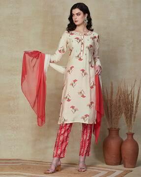 women block print straight kurta & pants with dupatta