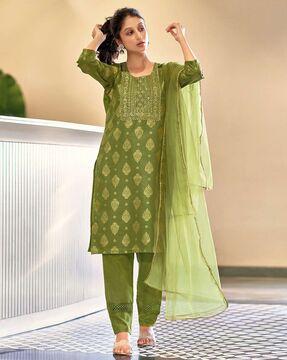 women block print straight kurta & pants with dupatta