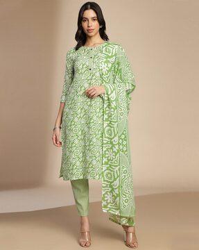 women block print straight kurta & pants with dupatta