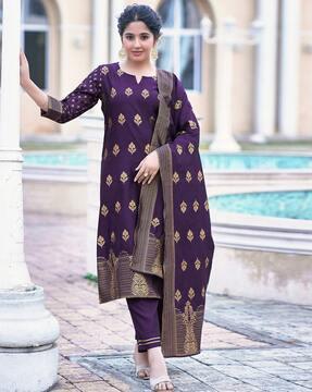 women block print straight kurta & pants with dupatta