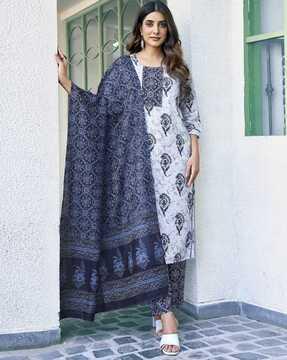 women block print straight kurta & pants with dupatta