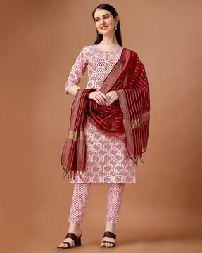 women block print straight kurta pants & dupatta set