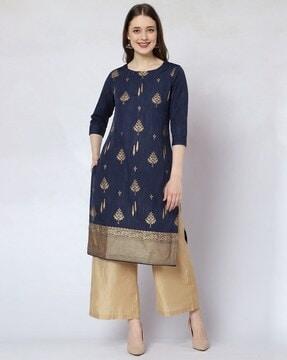 women block print straight kurta pants set