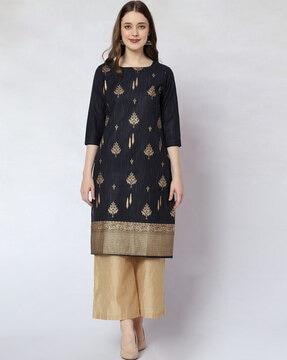 women block print straight kurta pants set