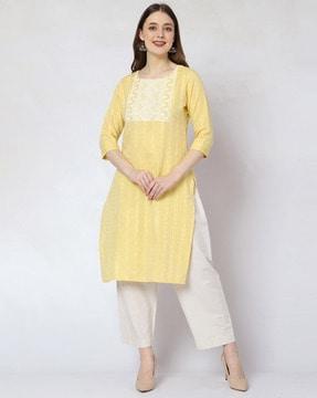 women block print straight kurta pants set