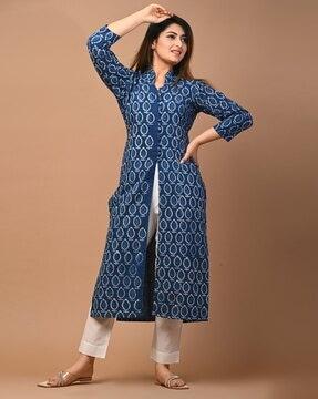 women block print straight kurta pants set