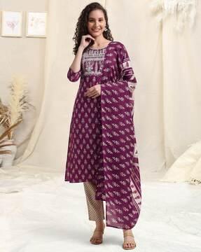 women block print straight kurta set with dupatta