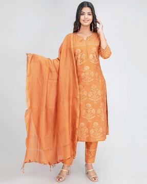 women block print straight kurta set with dupatta
