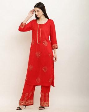 women block print straight kurta set