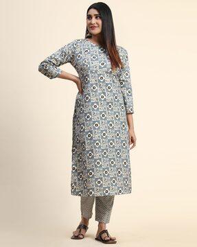 women block print straight kurta set