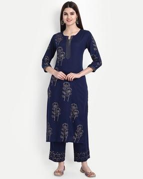 women block print straight kurta set