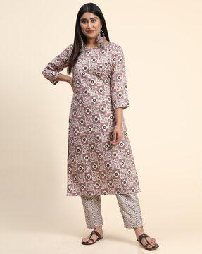 women block print straight kurta set