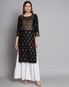 women block print straight kurta set