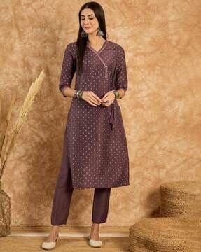 women block print straight kurta set