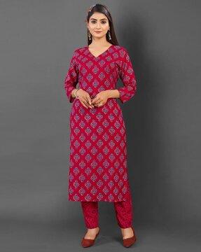 women block print straight kurta set