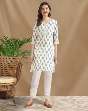 women block print straight kurta set