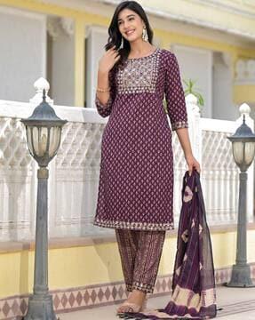 women block print straight kurta set