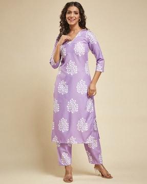 women block print straight kurta set