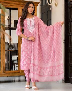 women block print straight kurta set