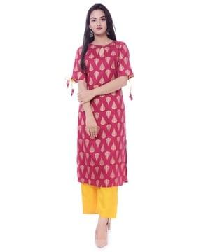 women block print straight kurta suit set