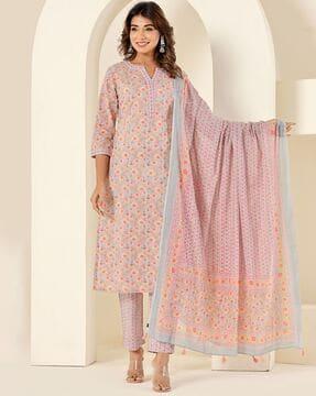 women block print straight kurta suit set