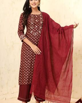 women block print straight kurta suit set