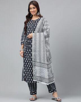 women block print straight kurta suit set