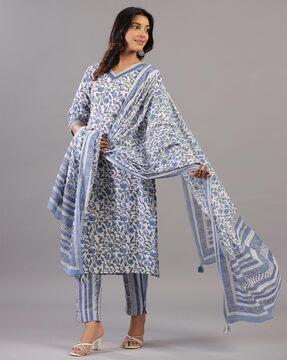 women block print straight kurta suit set