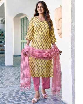 women block print straight kurta suit set