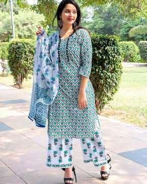 women block print straight kurta with pants & dupatta set