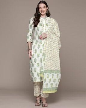 women block print straight kurta with pants & dupatta set