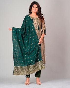 women block print straight kurta with pants & dupatta