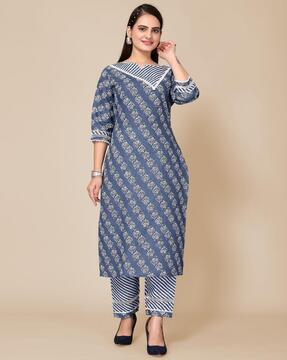 women block print straight kurta with pants