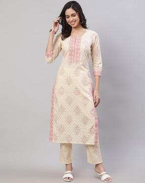 women block print straight kurta with pants